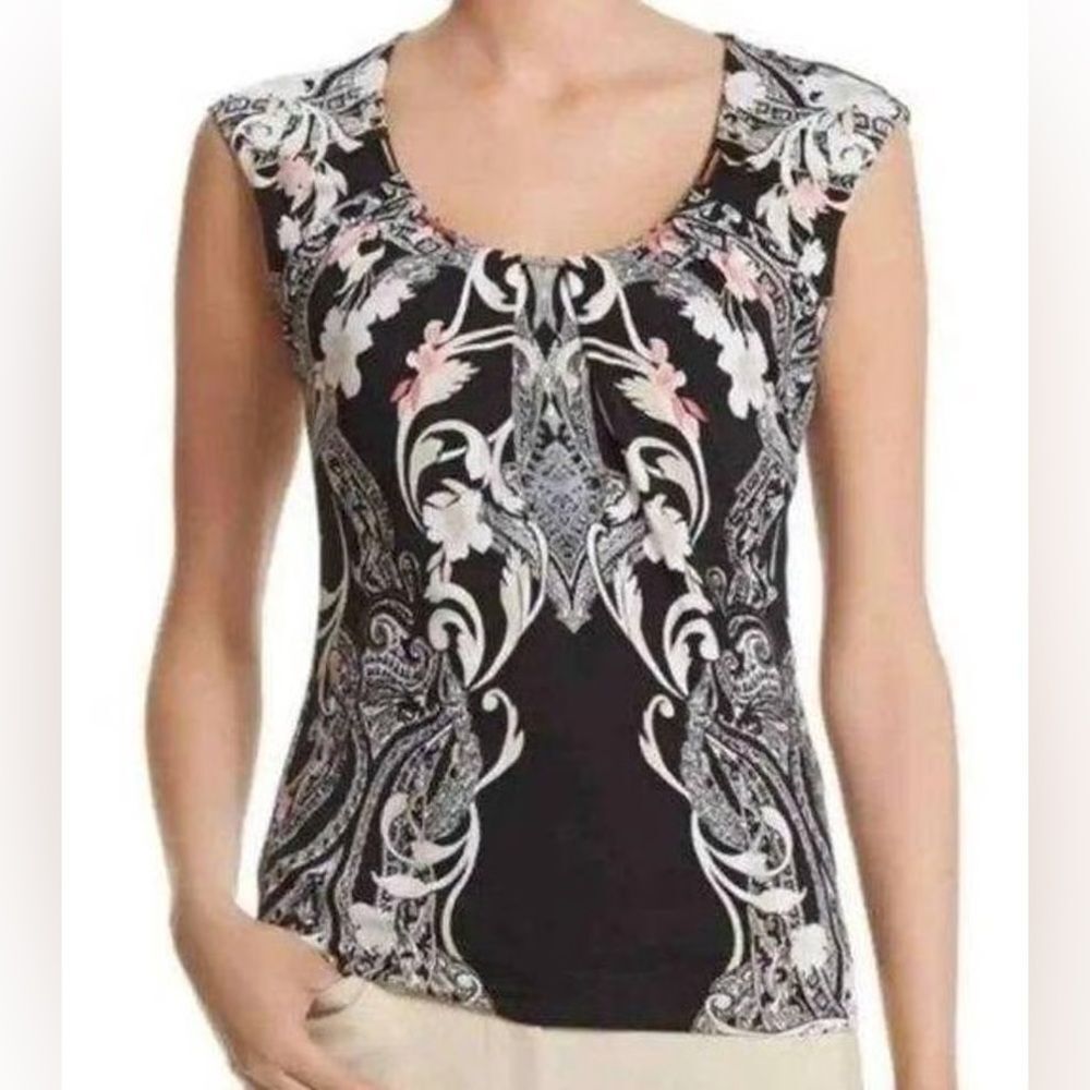 White House Black Market Black Paisley Cap Sleeve Blouse Size S